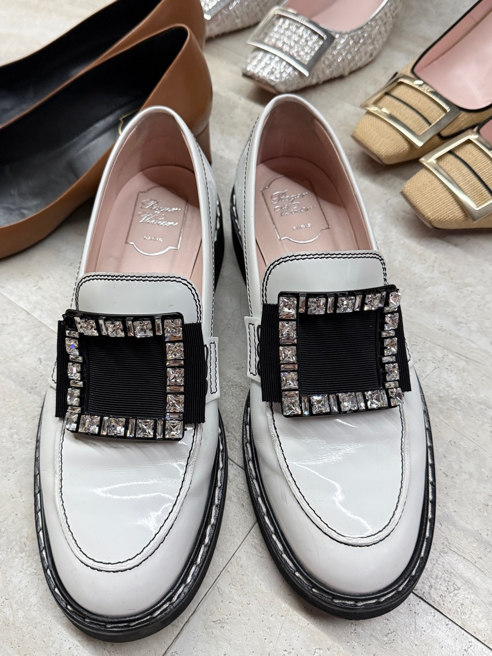 Roger Vivier White Patent Loafers with Crystal Buckle